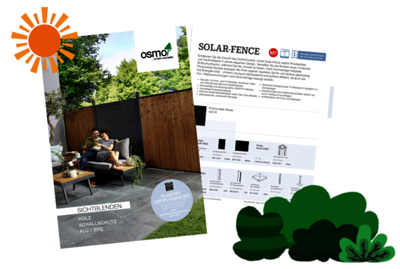 Illustration of sun and bushes with screenshots of catalogue