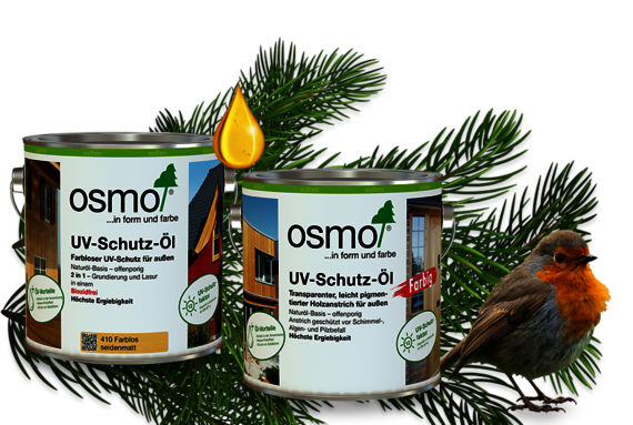 Cans of Osmo UV-Schutz-Öl and UV-Schutz-Öl Farbig on a branch of pine with a robin