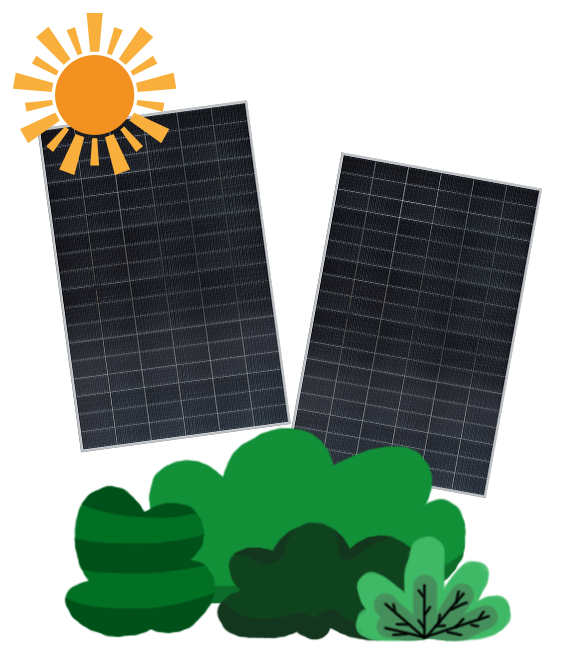 Drawing of Osmo Solar-Fence with a sun and garden shrubs